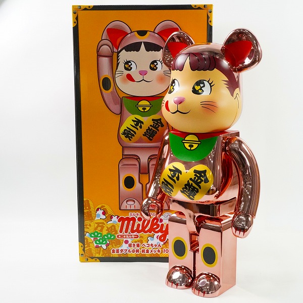 実際に弊社で買取させて頂いた★(3)未使用 MEDICOM TOY/メディコムトイ BE@RBRICK/ベアブリック 不二家 招き猫 ペコちゃん 金運ダブル小判 桃金メッキ 1000%