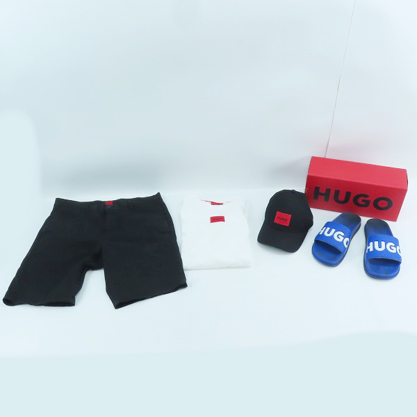 実際に弊社で買取させて頂いたHUGO BOSS/ヒューゴボス ショートパンツ/半袖 ロゴ Tシャツ/サンダル/キャップ 4点セット