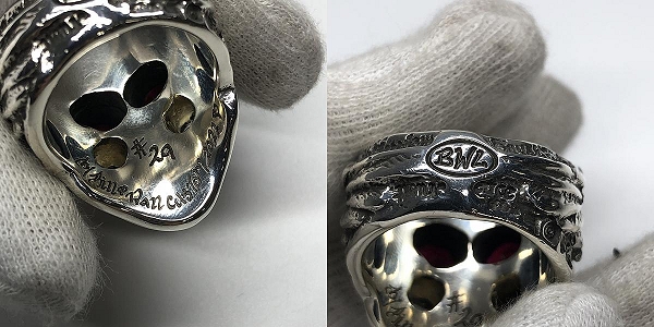 実際に弊社で買取させて頂いた【ギャラ付/1点物】BWL グラフィティマスタースカルリング ガーネットアイズ 18K Xボーンスカル w/2ダイヤアイズ/21.5号の画像 5枚目