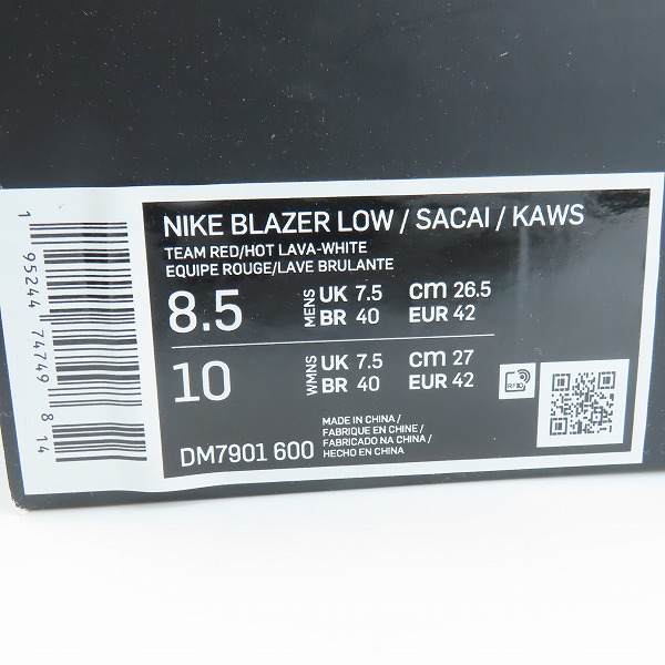 実際に弊社で買取させて頂いた【未使用】NIKE×SACAI×KAWS/ナイキ×サカイ×カウズ BLAZER LOW Team Red ブレーザー DM7901-600/26.5の画像 9枚目