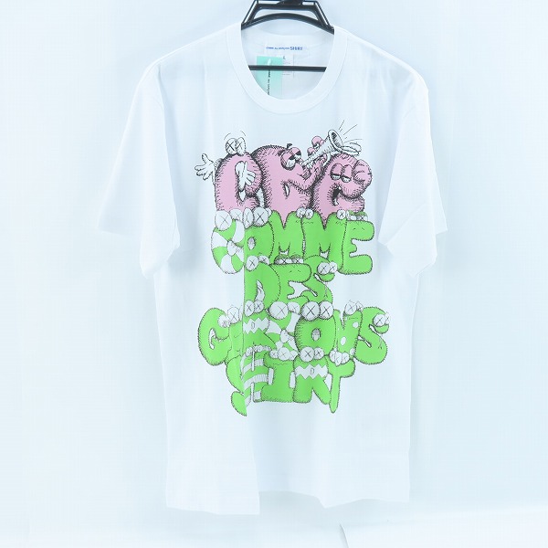 実際に弊社で買取させて頂いた【未使用】COMME des GARCONS SHIRT×KAWS/コムデギャルソンシャツ×カウズ ピンク/グリーン プリントTシャツ FH-T004/XL