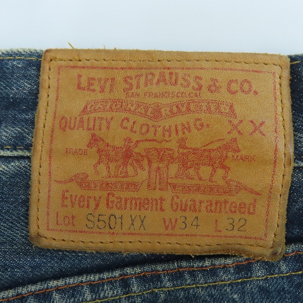 実際に弊社で買取させて頂いたLEVIS/リーバイス S501XX 大戦モデル 復刻 刻印034 ビッグE トルコ製 ダメージ/リペア加工 デニムパンツ/ジーンズ/W34の画像 2枚目