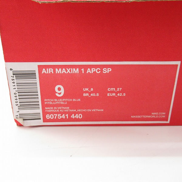 実際に弊社で買取させて頂いた【観賞用】NIKE × A.P.C./ナイキ × アーペーセー AIR MAXIM 1 エアマックス1 607541-440/27の画像 9枚目