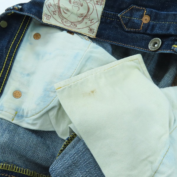 実際に弊社で買取させて頂いたEVISU/エヴィス シンチバックベルト付 カウボーイタイプ カモメ  プリント ボタンフライ デニムパンツ LOT2111 35×35の画像 9枚目